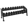 Mayhem Strength two-tier dumbbell rack for organized weight storage and gym equipment.