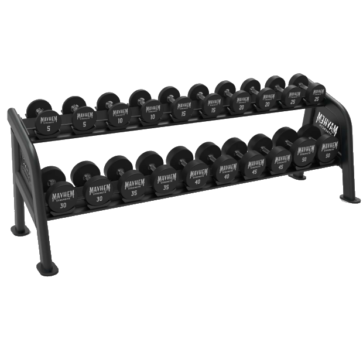 Mayhem Strength two-tier dumbbell rack for organized weight storage and gym equipment.