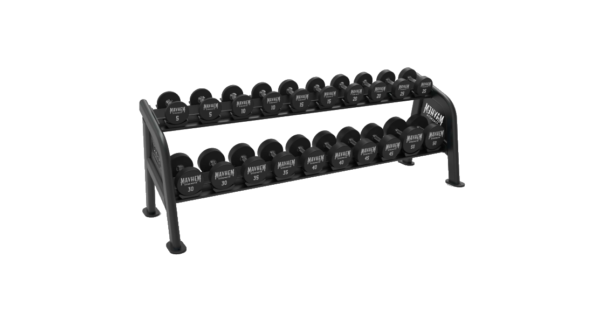 Mayhem Strength two-tier dumbbell rack for organized weight storage and gym equipment.