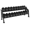 Mayhem Strength two-tier dumbbell rack for organized weight storage and gym equipment.
