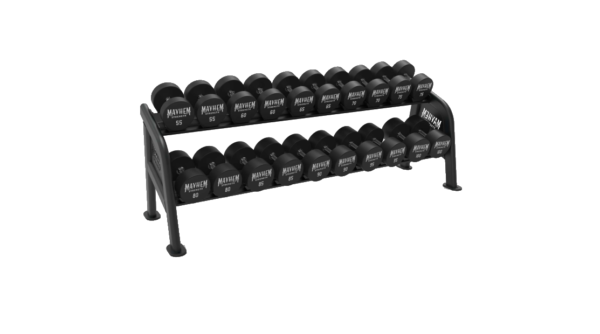 Mayhem Strength two-tier dumbbell rack for organized weight storage and gym equipment.