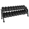 Mayhem Strength two-tier dumbbell rack for organized weight storage and gym equipment.