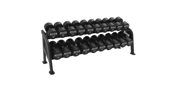 Mayhem Strength two-tier dumbbell rack for organized weight storage and gym equipment.