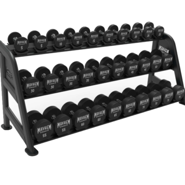 Mayhem Strength three-tier dumbbell rack for gym equipment storage and organization.