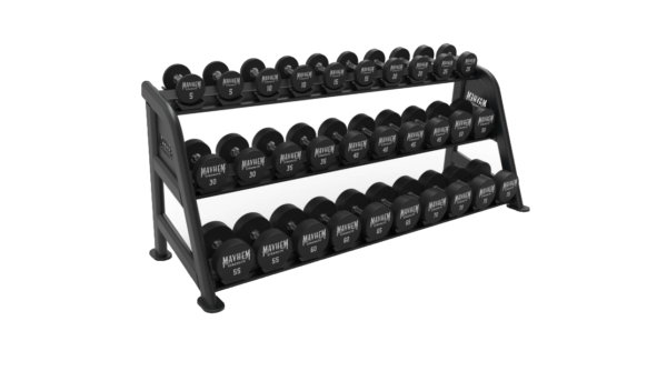 Mayhem Strength three-tier dumbbell rack for gym equipment storage and organization.
