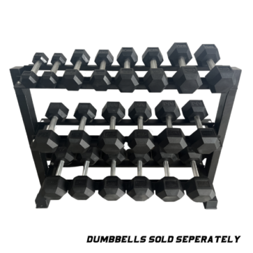 MAYHEM STRENGTH RUBBER HEX DUMBBELLS -THREE TIER RACK
