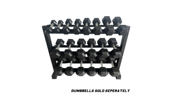 MAYHEM STRENGTH RUBBER HEX DUMBBELLS -THREE TIER RACK