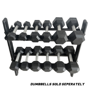 MAYHEM STRENGTH RUBBER HEX DUMBBELLS - TWO TIER RACK