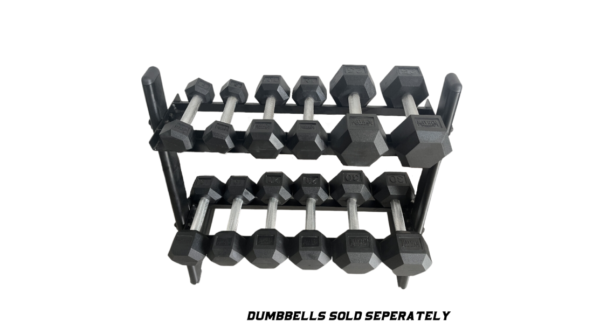 MAYHEM STRENGTH RUBBER HEX DUMBBELLS - TWO TIER RACK