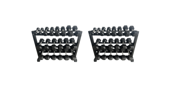 Mayhem Strength Rubber Hex Dumbbells 5-100lb Set w/ (2)Three Tier Dumbbell Rack