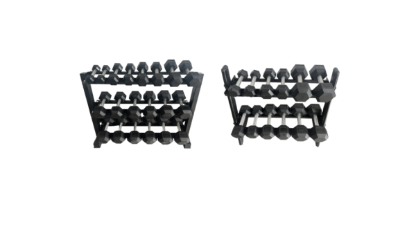 Mayhem Strength Rubber Hex Dumbbells 5-75lb Set w/ (1)Three Tier Dumbbell Rack, (1)Two Tier Dumbbell Rack
