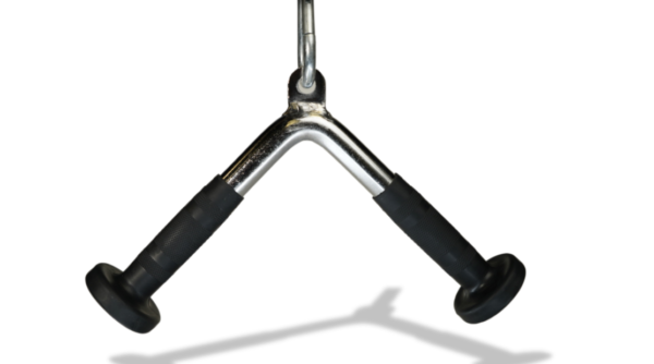 Triangle row cable attachment for back and arm strength training.