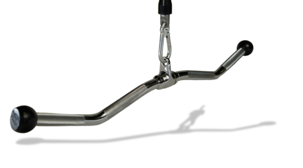 Stainless steel curl bar cable attachment for strength training exercises.